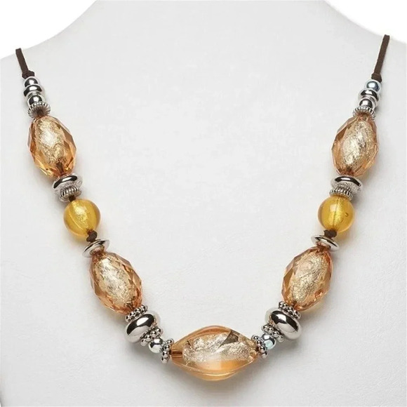 Retro Chunky Silver and Amber Acrylic Beads Vegan Brown Suede Leather Necklace - Picture 1 of 1